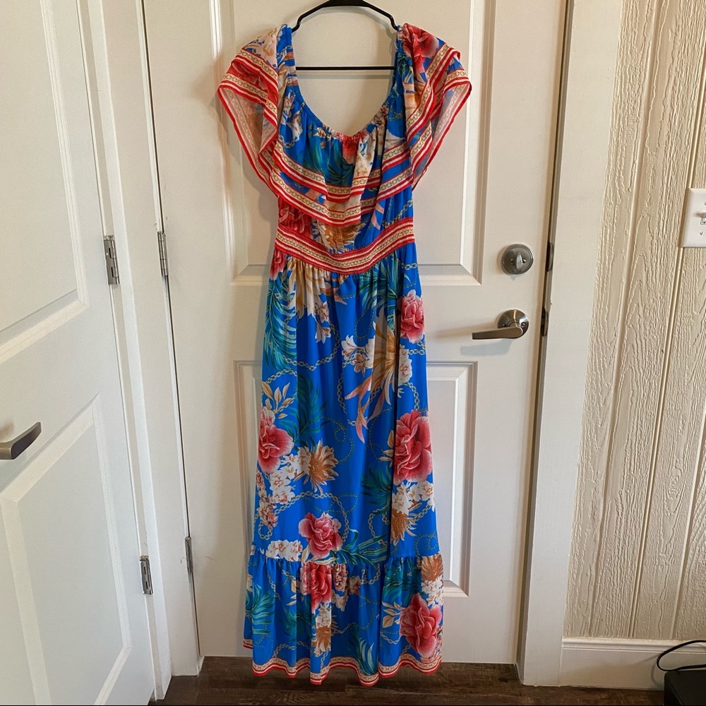 Boston Proper Blue Red Floral Off Shoulder Ruffle Maxi Dress, Size Large.